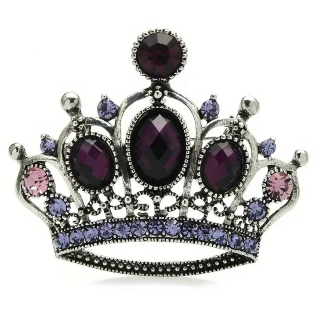 Vintage Court Style Crown Brooch – Gemstone Rhinestone Pin Gift-Ready Like New
